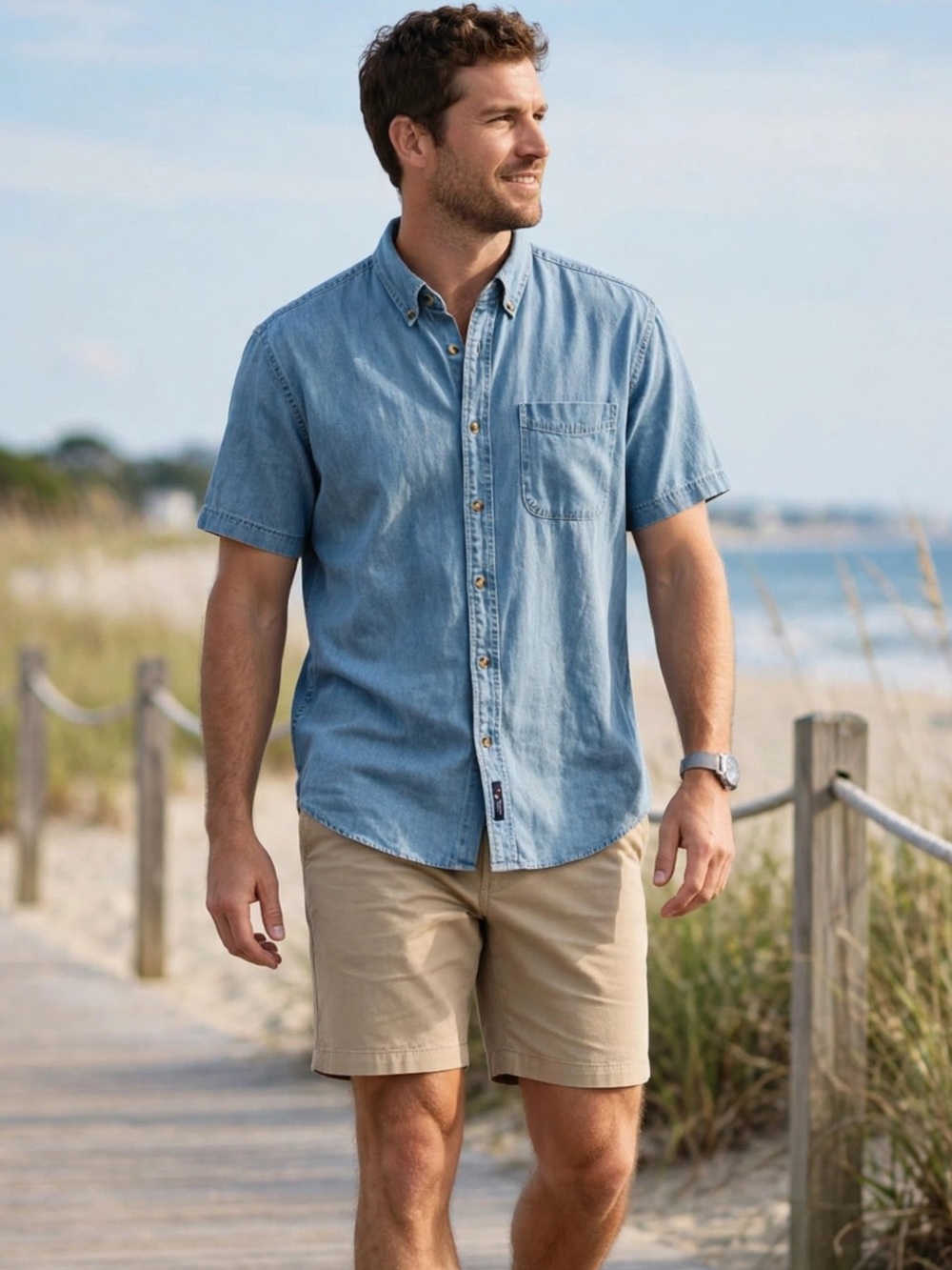 Port Authority Shirt Mens M Light Blue Denim Short Sleeve Button Down Pocket